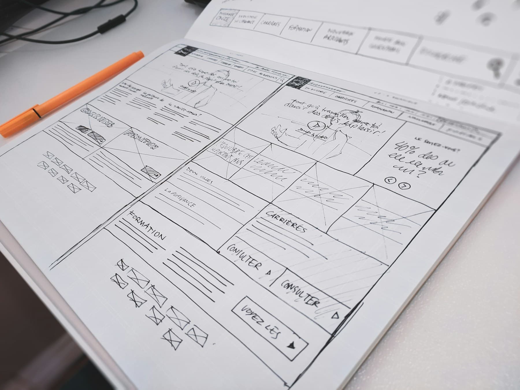 A hand-drawn website wireframe sketch, mapping out a page layout before it's built